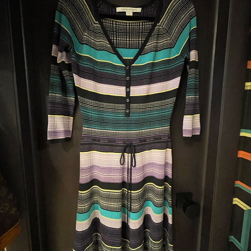 Diane Von Furstenberg Striped Knit Midi Dress in Teal, Black & Lavender